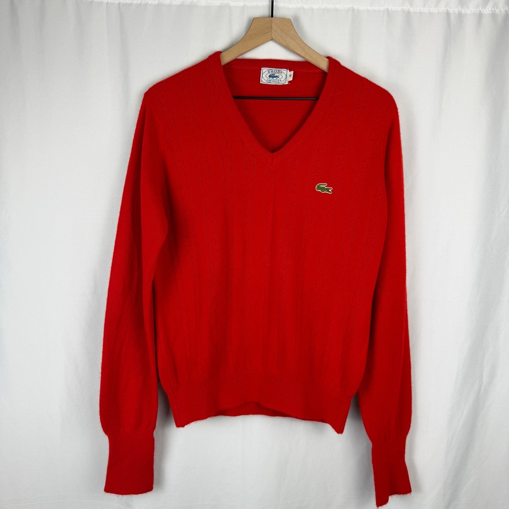 Izod Lacoste Sweater Mens M Red Vintage Cable Knit V-Neck Pullover Logo Preppy